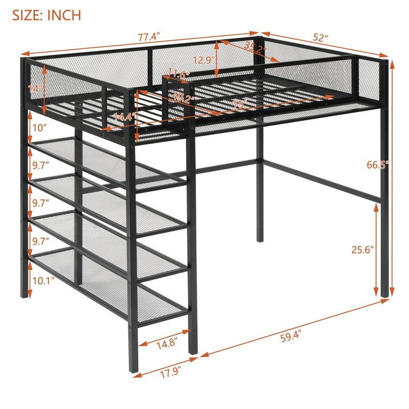 Metal Twin Size Loft Bed with 4 Shelves and Storage - ModernLuxe, 3 of 11