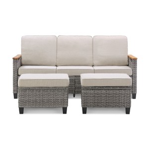 Buenhomino 3-Piece Outdoor Wicker Sofa Set – Patio Sofa with 2 Ottomans & Cushions, Handwoven PE Rattan & Weather-Resistant Frame - 1 of 4