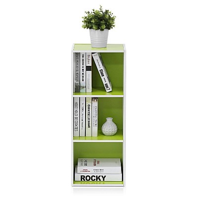 Sleek White 3-Tier Open Shelf Bookcase with Green Accents