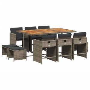 vidaXL 11-Piece Patio Dining Set with Cushions - Gray Poly Rattan/Acacia Wood, Weather-Resistant Outdoor Furniture for Garden, Backyard, Patio - 1 of 4
