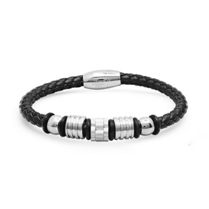Steeltime Men's black leather braided bracelet with stainless steel accents - 1 of 4
