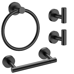 Itopfox 4 Piece Bathroom Hardware Set Matte Black Stainless Steel Toilet Paper Holder Towel Ring 2 Hooks Wall Mounted Rust Resistant - 1 of 4