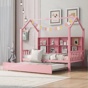 Wooden Platform House Bed with Trundle and Shelf-ModernLuxe - 1 of 4
