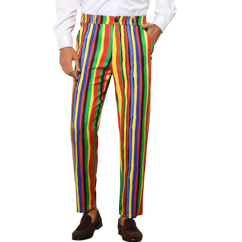Lars Amadeus Men's Regular Fit Flat Front Color Block Rainbow Striped Trousers, 1 of 6