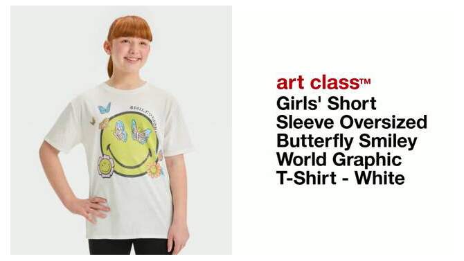 Girls' Short Sleeve Oversized Butterfly Smiley World Graphic T-Shirt - art class™ White, 2 of 7, play video
