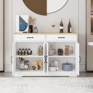 Airsurfer 47.95" Farmhouse Buffet Cabinet Storage Sideboard with 2 Drawers and 4 Doors for Dining Living Room Kitchen Cupboard-White - 1 of 4