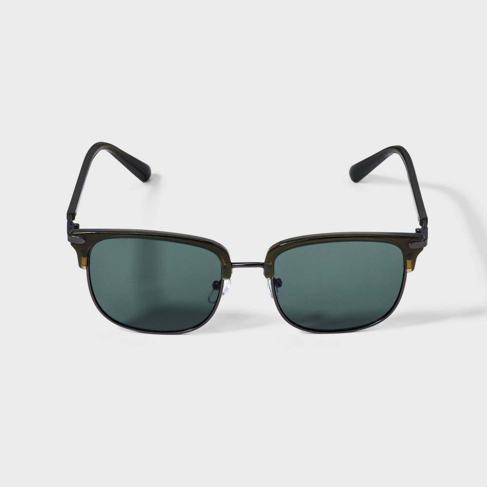 Photos - Glasses & Contact Lenses Men's Plastic Angular Square Browline Sunglasses - Goodfellow & Co™ Dark Olive Green: Impact-Resistant, Maximum UV Protectio