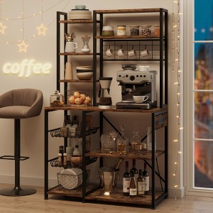 Bakers Rack with Power Outlets, 7-Tier Industrial Microwave Stand with Wire Basket & Hanging Self, - 1 of 4