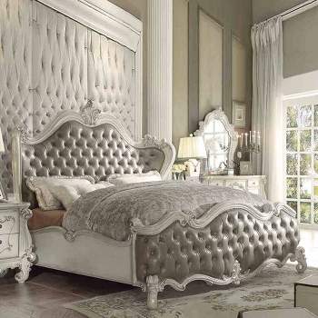 95" Queen Bed Versailles Bed Vintage Gray Synthetic Leather & Bone White Finish - Acme Furniture