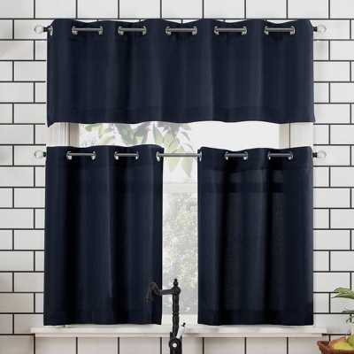 24"x54" Dylan Casual Textured Semi-Sheer Grommet Kitchen Curtain Valance and Tiers Set Navy - No. 918