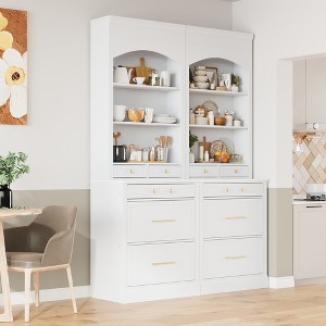 83.7" Modern Tall Kitchen Pantry, Set of 2, Freestanding Hutch with Faux Marble Tops, 5 Drawers & Adjustable Shelf - 1 of 4