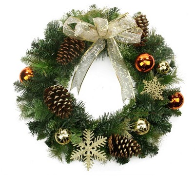 Northlight Pre-Decorated Ball Ornaments and Bow Artificial Christmas Wreath, 24-Inch, Unlit