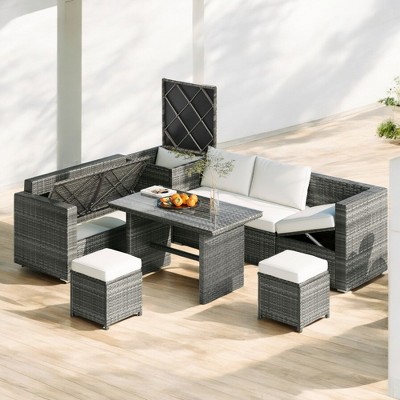 Mshliw 6-Piece Outdoor All-Weather PE Rattan Sofa Set with Adjustable Seating, Storage Box, and Glass Table for Patio, Garden, or Backyard