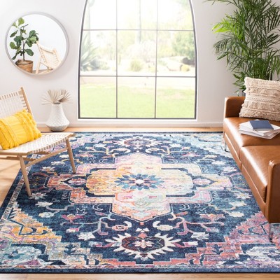 Navy and Fuchsia Oriental Synthetic 10' x 14' Rug