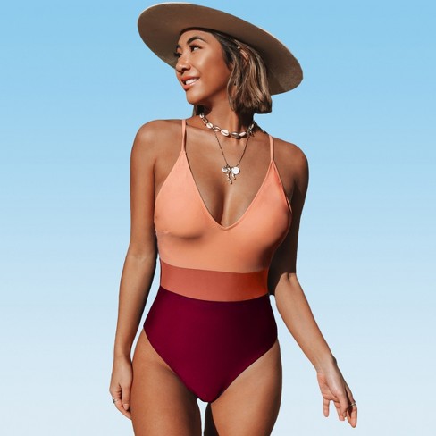 Women's Deep V Neck Crisscross Back Color Block One Piece Swimsuit - Cupshe  : Target