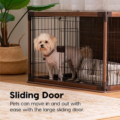Medium Brown Wooden Dog Crate with Wire Sides