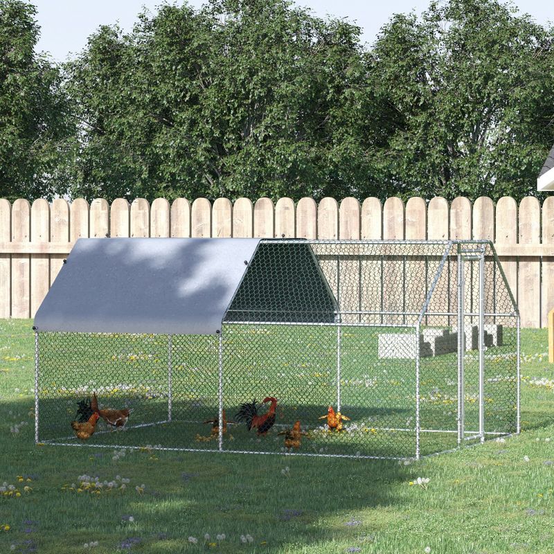 PawHut Chicken Coop Galvanized Metal Hen House Large Rabbit Hutch Poultry Cage Pen Backyard with Cover, Walk-In Pen Run, 2 of 7