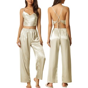 cheibear Women's Satin Cowl Neck Sleeveless Crop Cami Sleepwear with Pants Sliky Lounge Set - 1 of 4