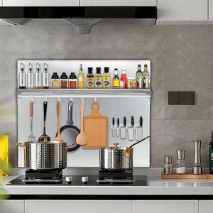 Stainless Steel Range Backsplash with Storage Shelf Knife Rack,Wall Mount Kitchen Back Panel for Stove Hood,Pre-Drilled Holes for Installation - 1 of 4