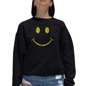 LA Pop Art Women's Word Art Crewneck Sweatshirt - Be Happy Smiley Face - 1 of 4