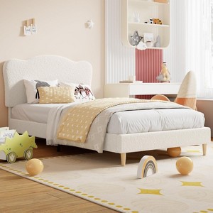 Upholstered Twin Size Bed Frame with Scallop Headboard, Cute Velvet Twin Bed for Girls/Boys, Sturdy Platform Bed, No Box Spring Needed,  Blue - 1 of 4