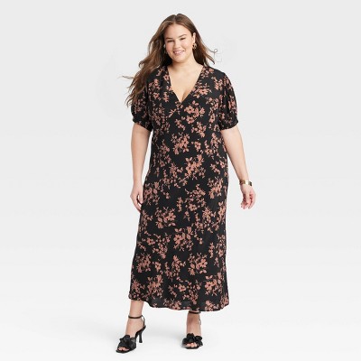 Women's Crepe Puff Short Sleeve Midi Dress - A New Day™ Black/Brown Floral 3X