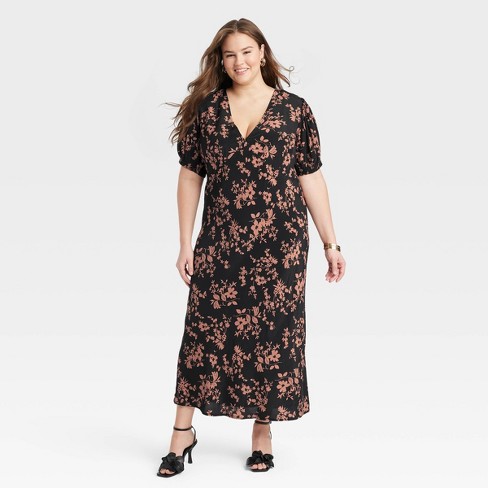 Women's Crepe Puff Short Sleeve Midi Dress - A New Day™ Black/brown Floral  2x : Target