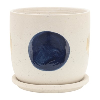 Set of 2 White Ceramic Funky Planter with Saucer 6" Contemporary Design