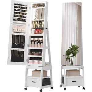 LED Mirror Jewelry Cabinet, 360° Swivel Frameless Full-Length Mirror 66 Inch Tall Standing Lockable Jewelry Armoire Organizer, Foldable Makeup Shelf - 1 of 4