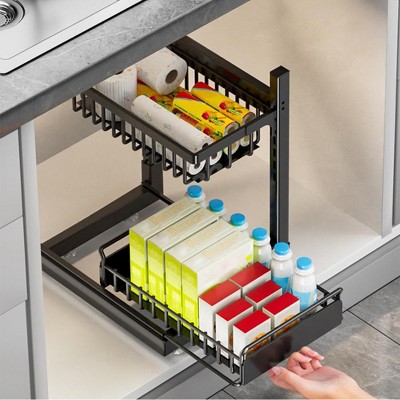 Under Sink Organizer, 2 Tier Kitchen Cabinet Organizer with 2 Sliding Drawers, Height Adjustable Shelf for Kitchen Bathroom