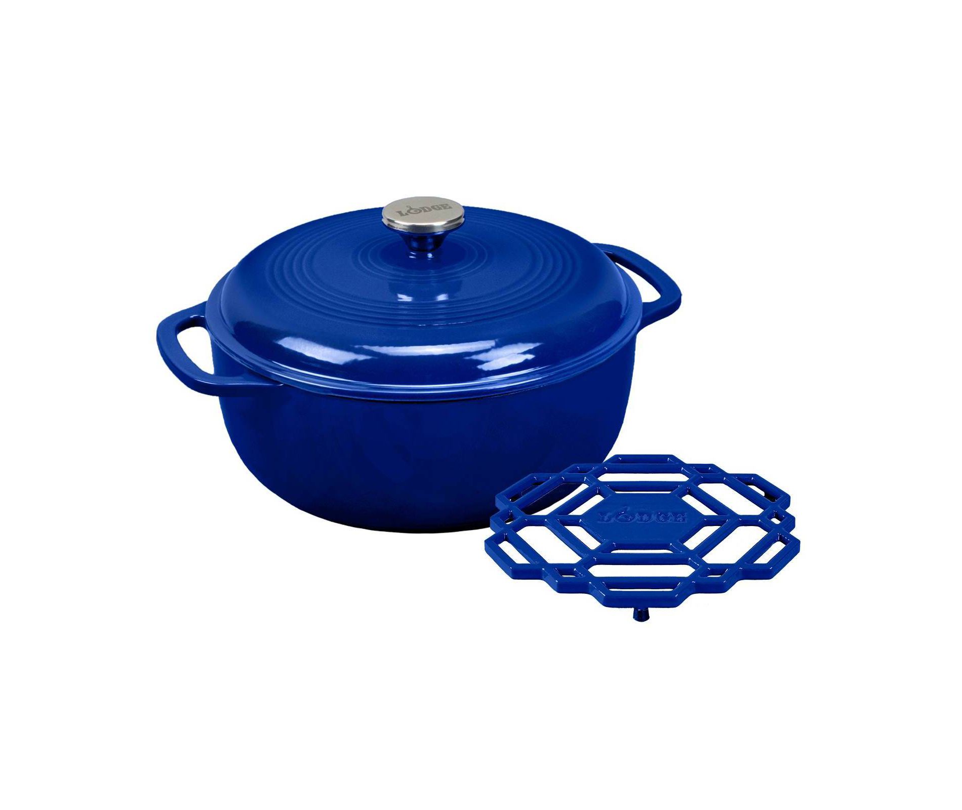 Lodge 6qt Cast Iron Enamel Dutch Oven Blue: Porcelain-Coated, Round, Stainless Steel Handle, Hand Wash Only