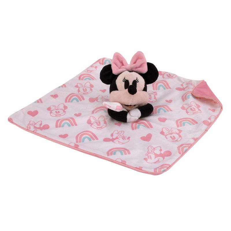 Disney Minnie Mouse White, Pink, and Aqua Rainbows and Hearts Super Soft Cuddly Plush Baby Blanket and Security Blanket 2-Piece Gift Set, 4 of 11