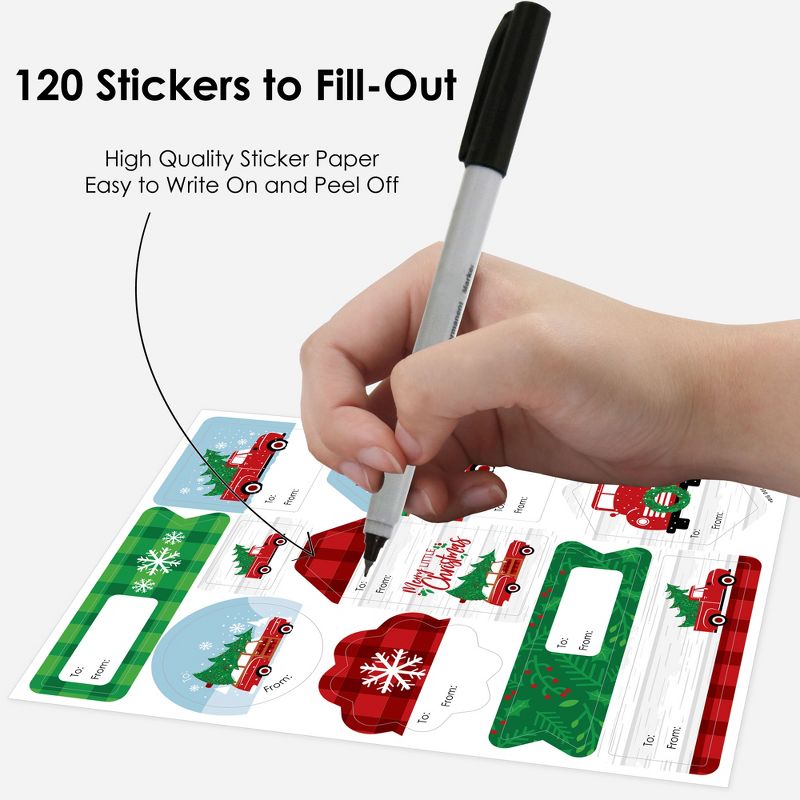 Big Dot of Happiness Merry Little Christmas Tree - Red Truck and Car Christmas Party Gift Tag Labels - To and From Stickers - 12 Sheets - 120 Stickers, 4 of 10