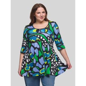 24seven Comfort Apparel Plus Size Blue Butterfly Print Elbow Sleeve Casual Tunic Top - 1 of 4