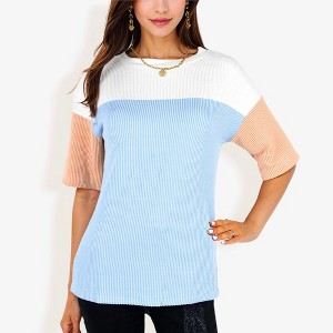 Anna-Kaci Women's Color Block Knit Top with Crew Neck and Short Sleeves, Casual Loose Fit Comfortable Blouse - 1 of 4