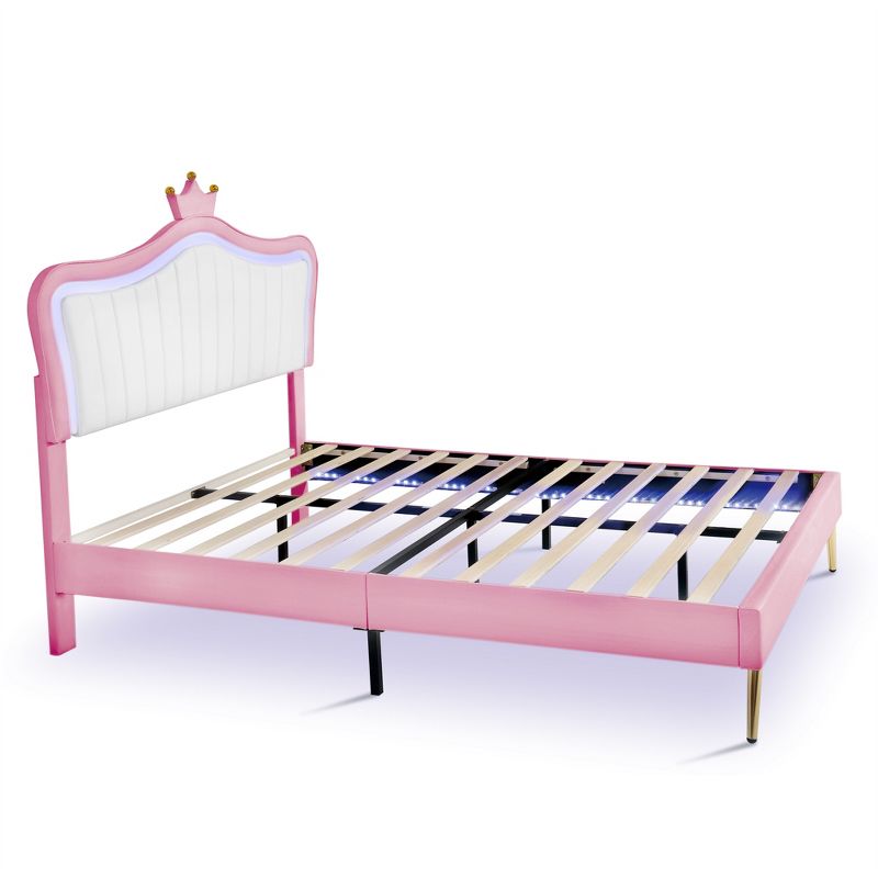 Queen/Full Size Upholstered Platform Bed Frame with LED Lights, Princess Bed with Crown Headboard-ModernLuxe, 5 of 13