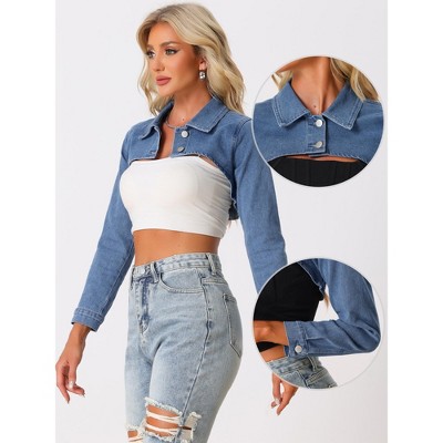 Allegra K Women's Long Sleeve Cropped Denim Jacket X-Small Blue — фото 2