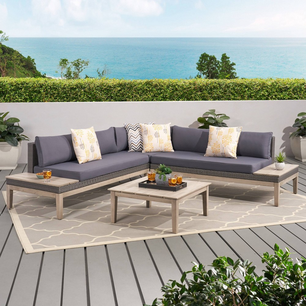 Loft Acacia 4pc Wood Sectional Sofa Set Light Gray/Dark Gray - Christopher Knight Home: Patio Lounge with Coffee Table