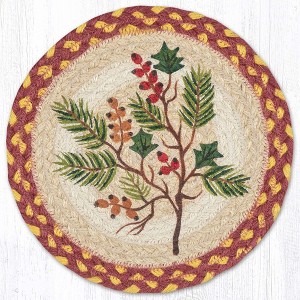 Earth Rugs Evergreen Holly Round Trivet – 10" Printed Holiday Berry Design on Braided Natural Jute - 1 of 3