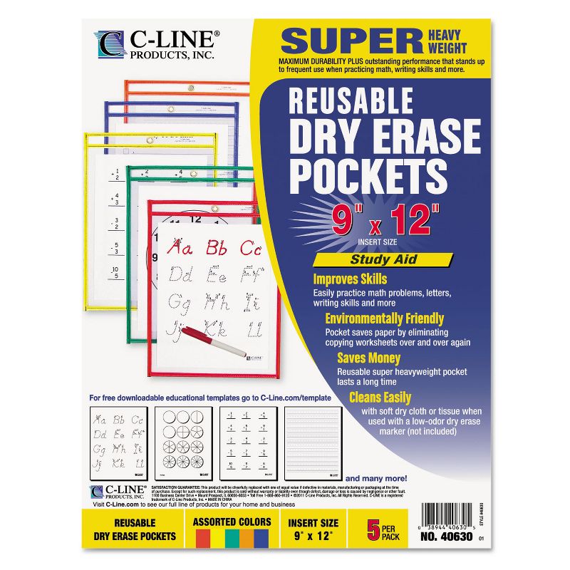 C-Line Reusable Dry Erase Pockets 9 x 12 Assorted Primary Colors 5/Pack 40630, 1 of 3