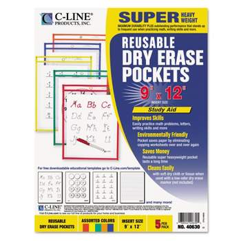 C-Line Reusable Dry Erase Pockets 9 x 12 Assorted Primary Colors 5/Pack 40630
