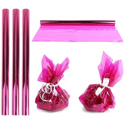 Cellophane Wrap 17" x 10ft 4 Pack Clear Fuchsia Cellophane Rolls for Gift Wrapping, Fruit Baskets and Flower Arragements