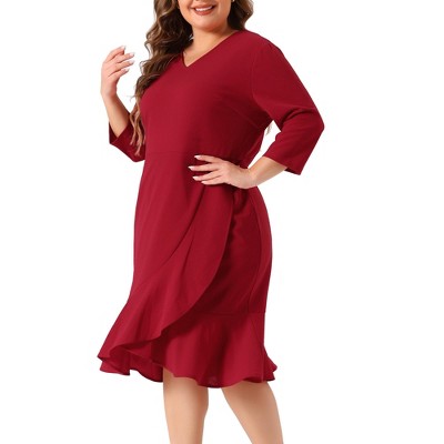 Agnes Orinda Women's Plus Size Cocktail V-neck Wrap Ruffled Midi Bodycon Dresses