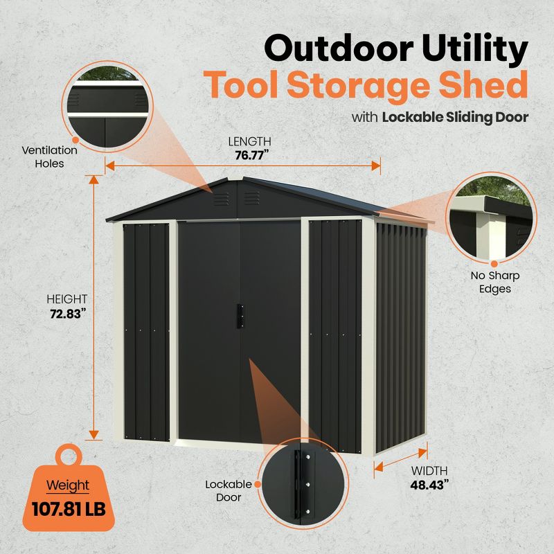AOBABO Metal 6' x 4' Outdoor Utility Tool Storage Shed with Roof Slope Design, Door and Lock for Backyards, Gardens, Patios and Lawns, Black, 3 of 9