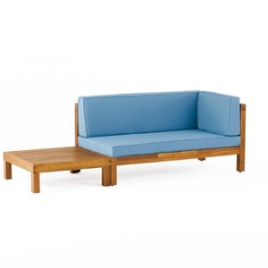 2pc Brava Outdoor Acacia Wood Right Arm Loveseat & Coffee Table Set with Blue Cushions - Christopher Knight Home - 1 of 4