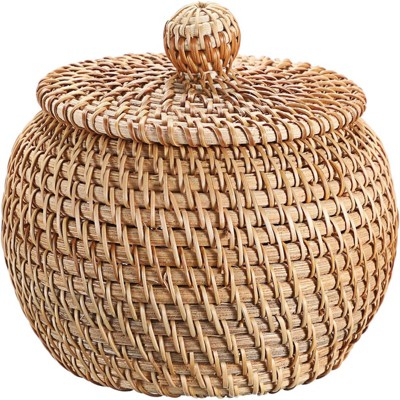BRINJOY 4.7" Round Woven Rattan Box with Lid - Mini Handmade Storage Basket for Keys, Snacks, Bread, Home Decor (4.7x3.3 inch)
