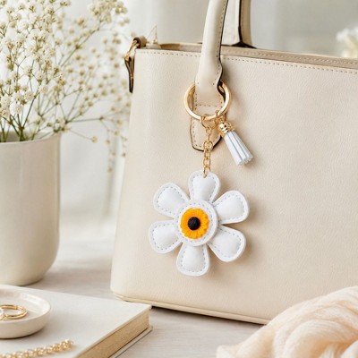 Alilang Women's Faux Leather Sunflower Bag Charm Keychain Beige Floral Purse Accessory with Tassel - White — фото 2