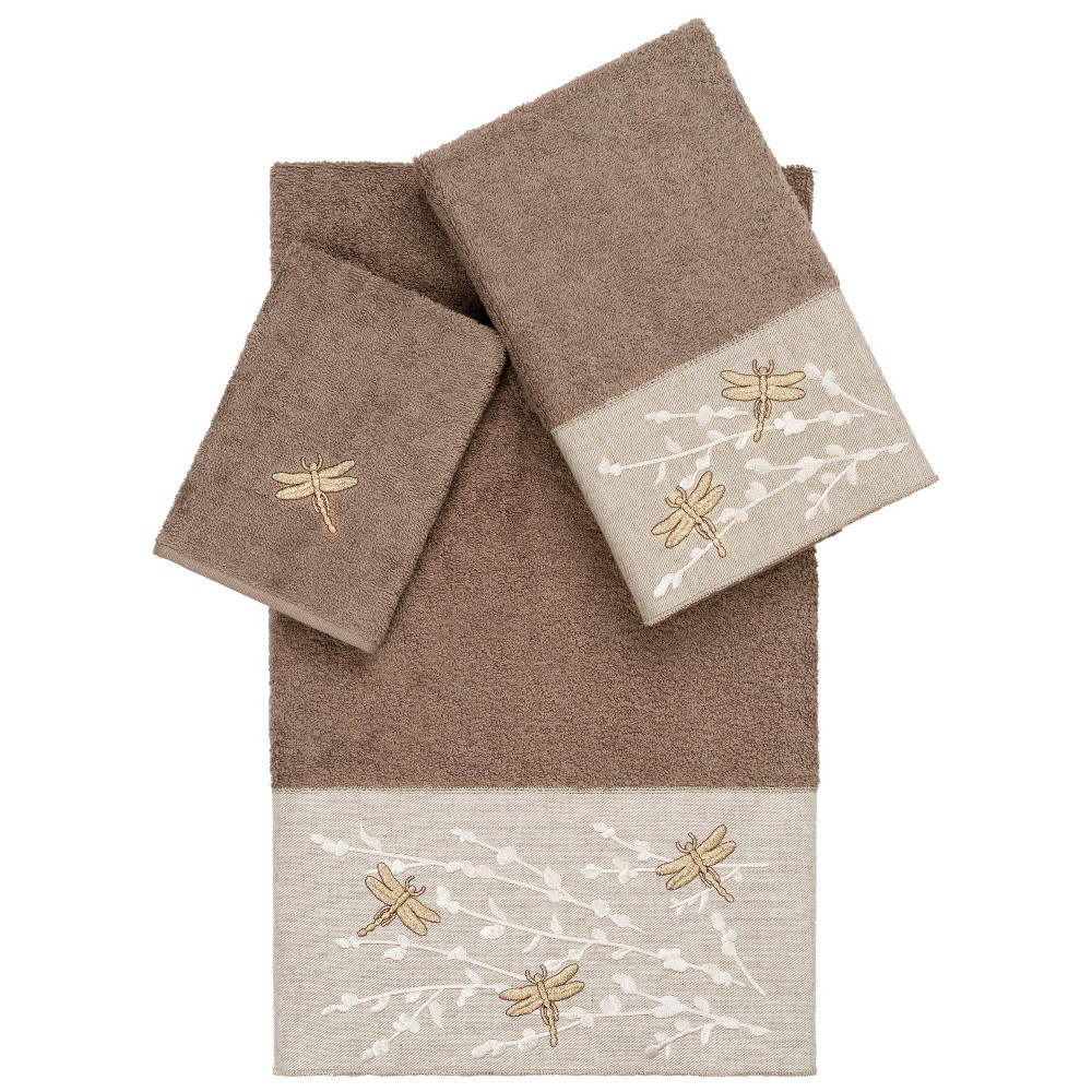 Photos - Towel Set of 3 Braelyn Embroidered  Brown - Linum Home Textiles: Midweight Terry Fabric, Dragonfly Pattern