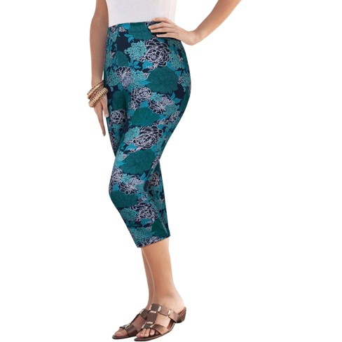 Roaman's Women's Plus Size Essential Stretch Capri Legging, 14/16 - Navy  Bold Peony : Target