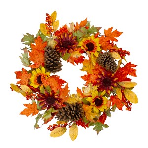 Northlight Sunflower and Pine Cone Artificial Thanksgiving Wreath - 24-Inch, Unlit - 1 of 4